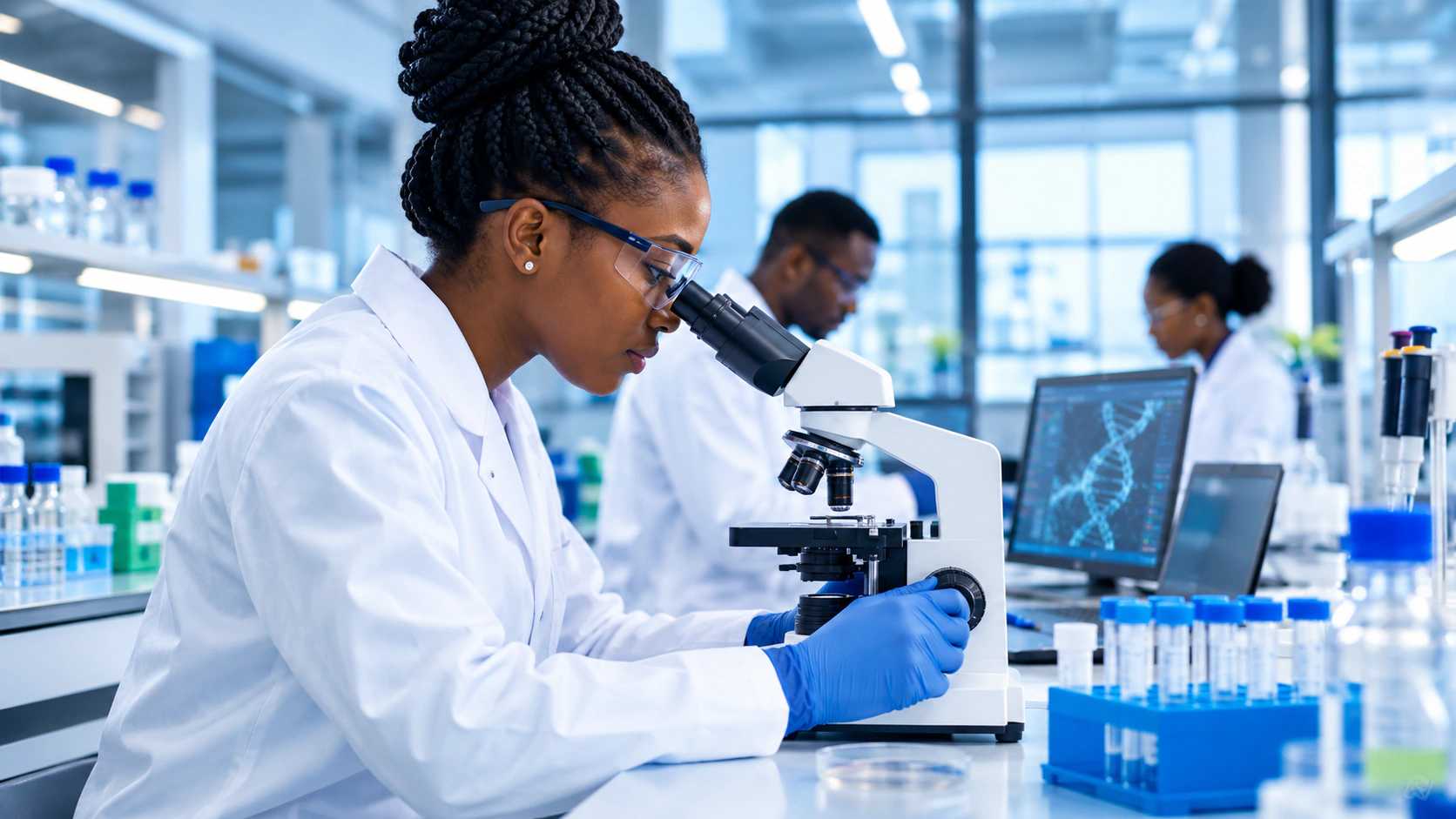 Scientist in safety glasses using a microscope in a laboratory.