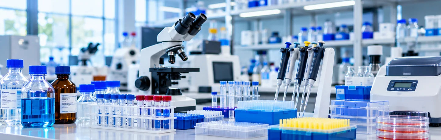 Laboratory reagents, consumables, microscope, pipettes and scientific equipment arranged on a bench.