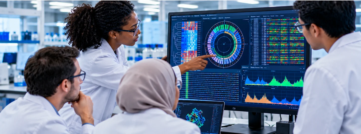 Scientists comparing genomic data and genome visualisations on laboratory screens.