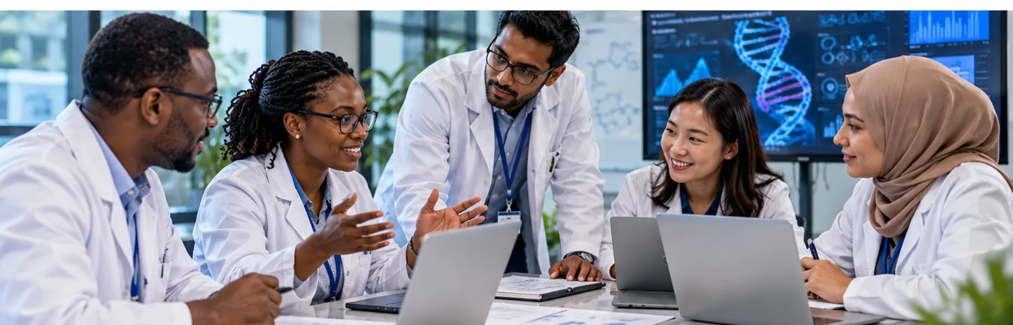 Scientists discussing research together around laptops in a laboratory.