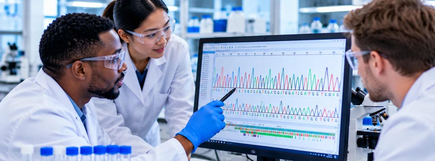 Scientists reviewing Sanger sequencing chromatograms on a laboratory monitor.